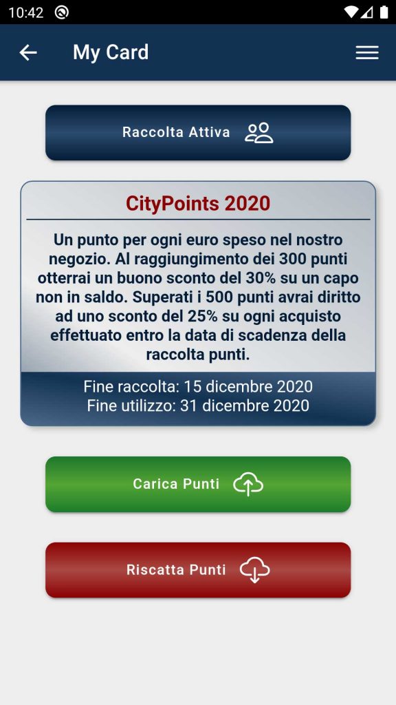 Raccolta Punti creata, carica e scarica punti inquadrando la fidelity card dell'utente