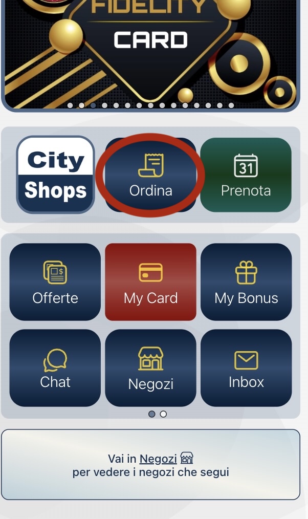 Pulsante Ordini per il cliente nella schermata principale dell'App